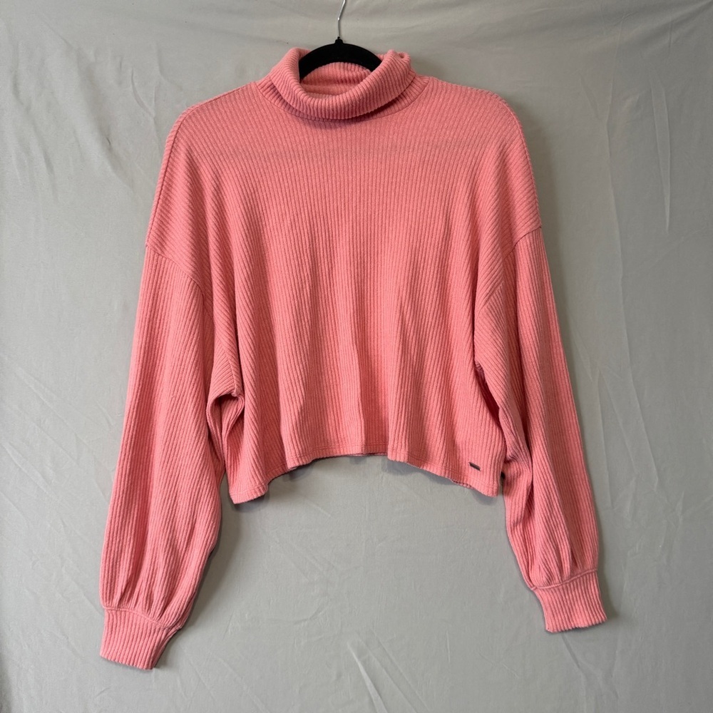 Hollister Womens Cropped Ribbed Turtleneck Sweater Size M Pink Boxy Fit Preppy